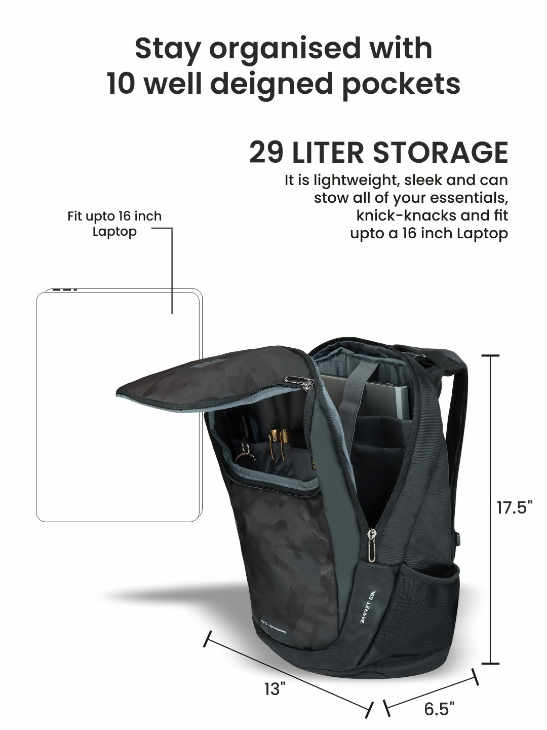 Barret 29L Massager Backpack with organized pockets and laptop compartment.