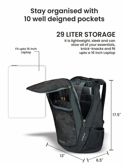 Barret 29L Massager Backpack with organized pockets and laptop compartment.