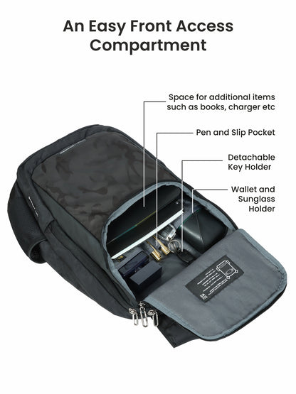 Barret 29L Massager Backpack front compartment with organizational pockets.