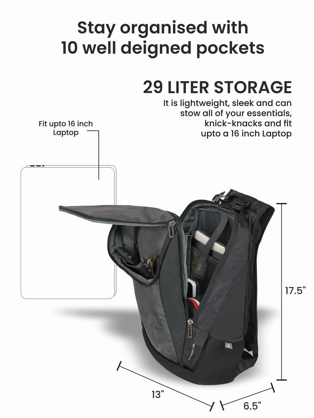29L Barret Massager Backpack with organized pockets and laptop compartment.