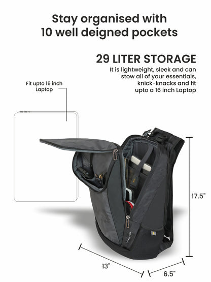 29L Barret Massager Backpack with organized pockets and laptop compartment.