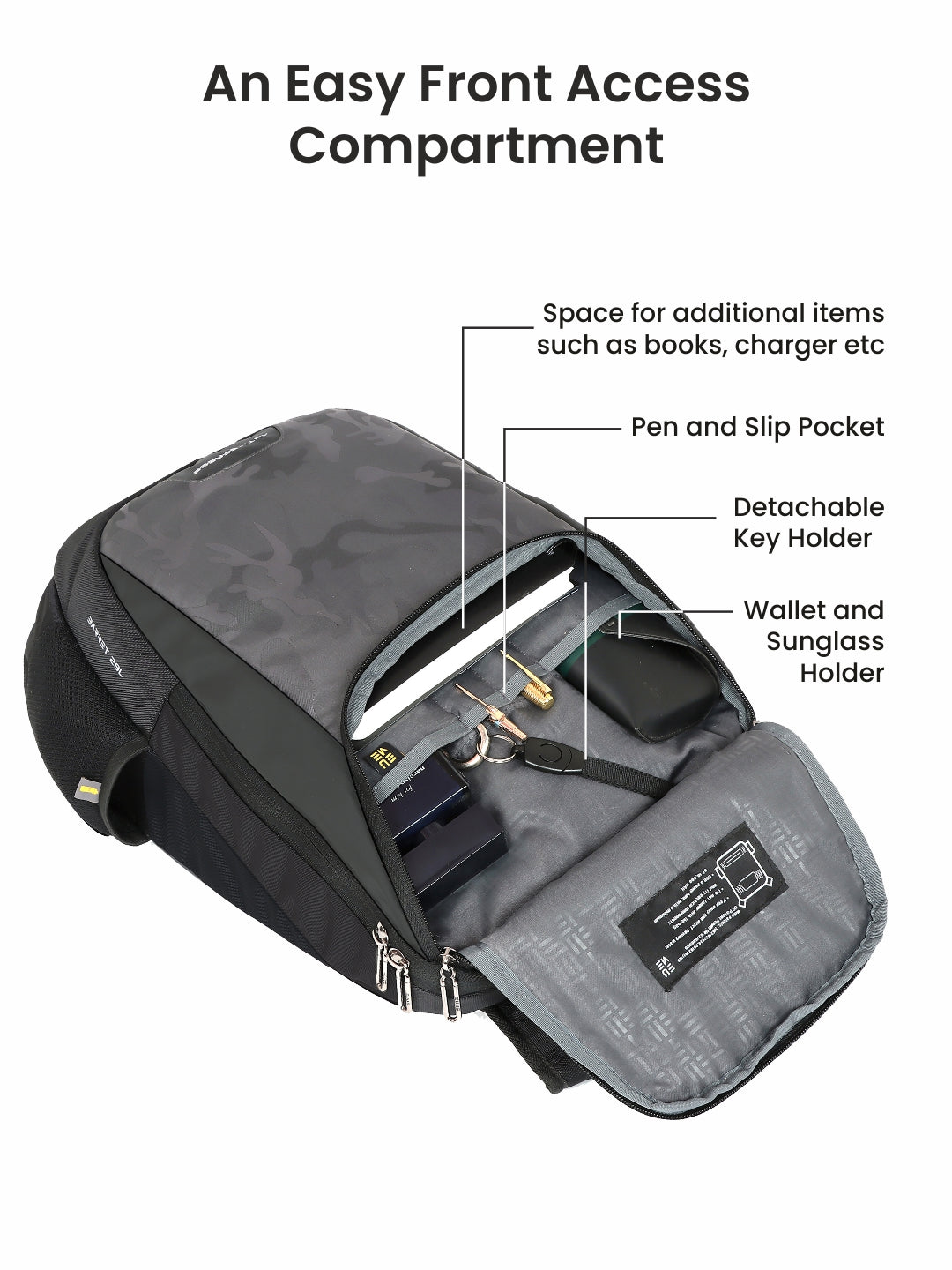 Barret 29L Massager Backpack with convenient front access compartment.