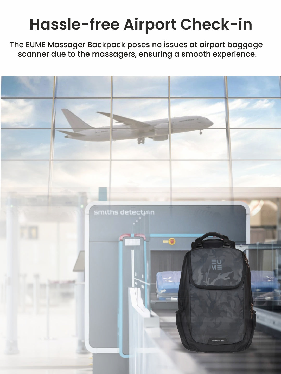 Barret 29L Massager Backpack at airport baggage scanner for easy travel.