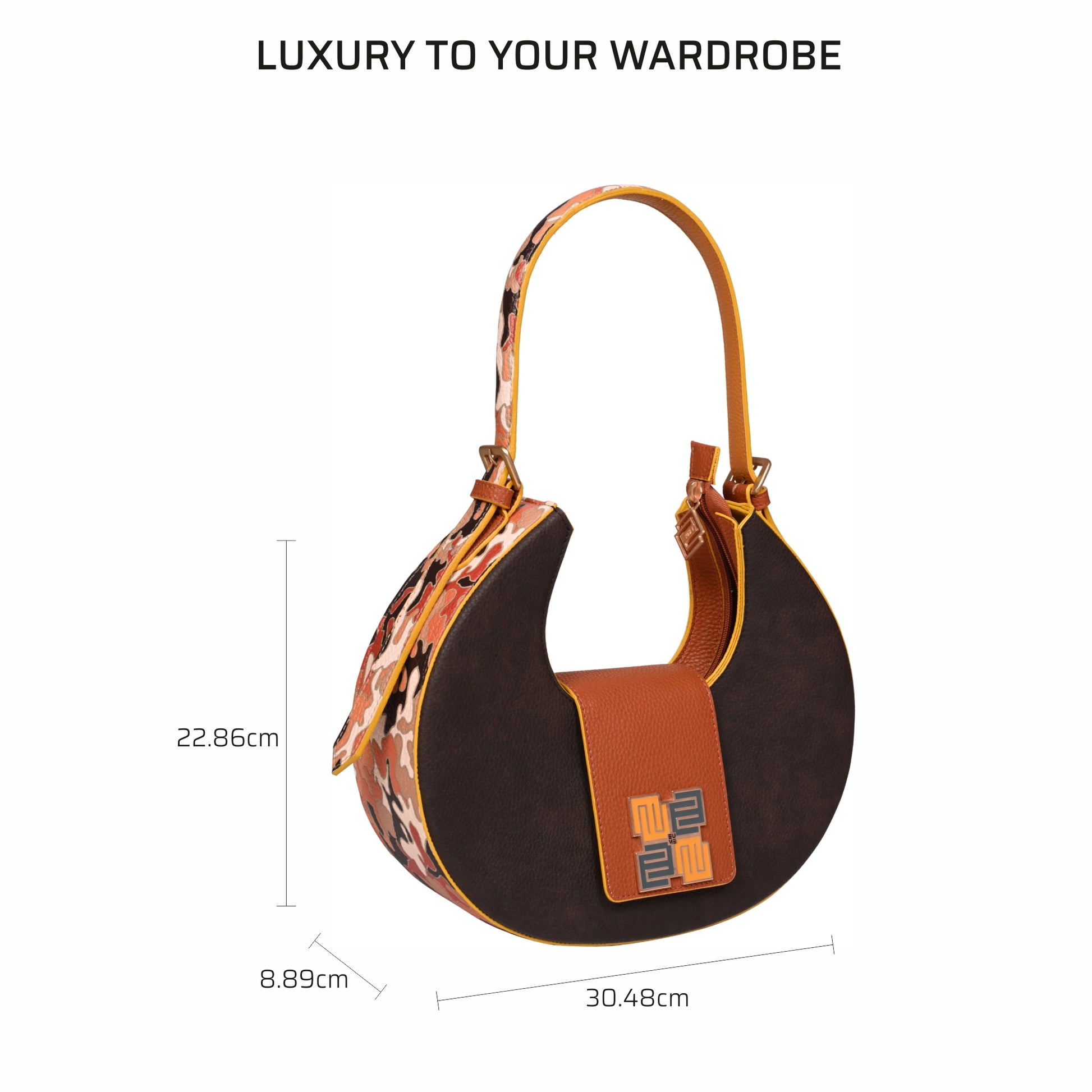 "Stylish chestnut saddle bag with colorful design and dimensions."