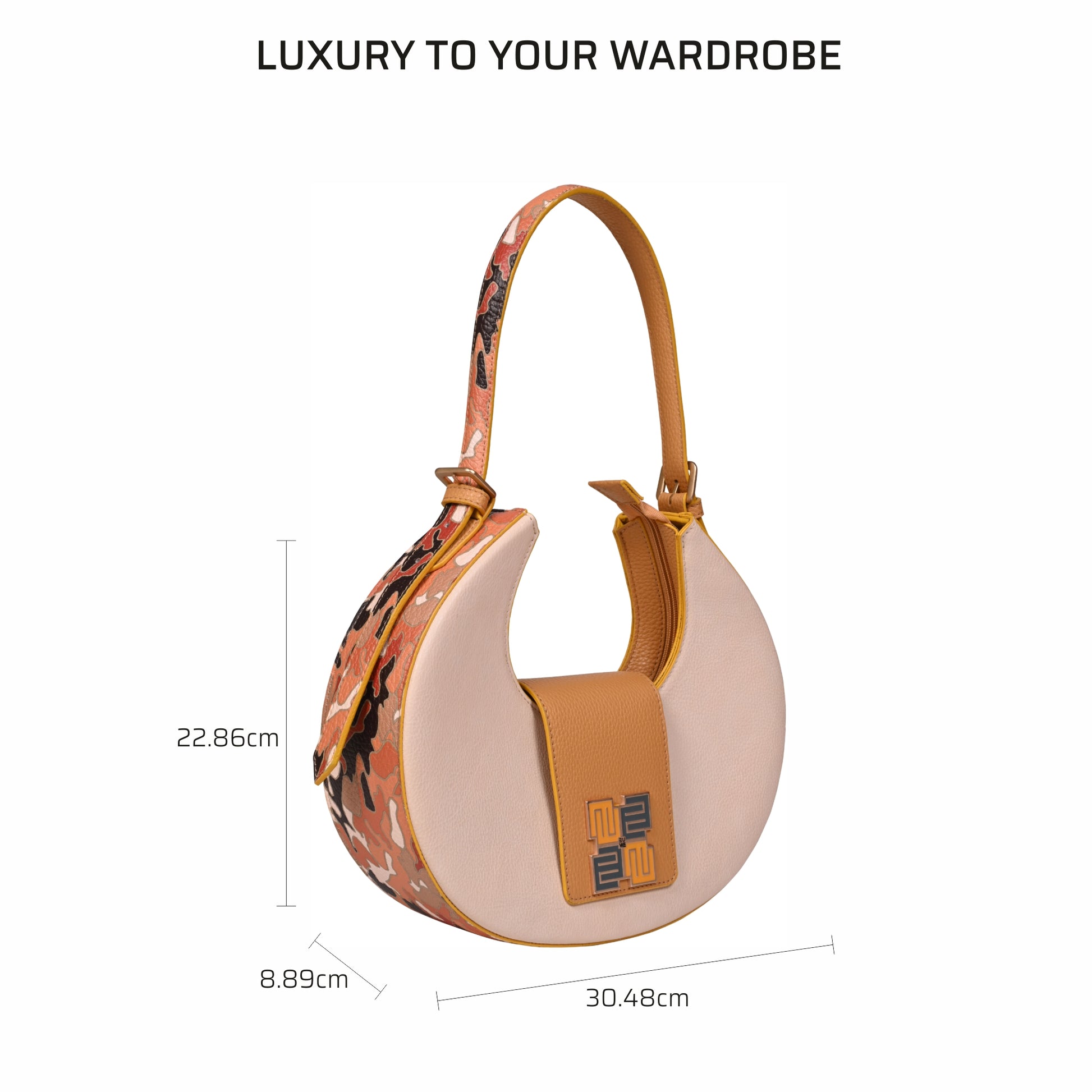 Chestnut saddle bag with stylish floral design and dimensions.