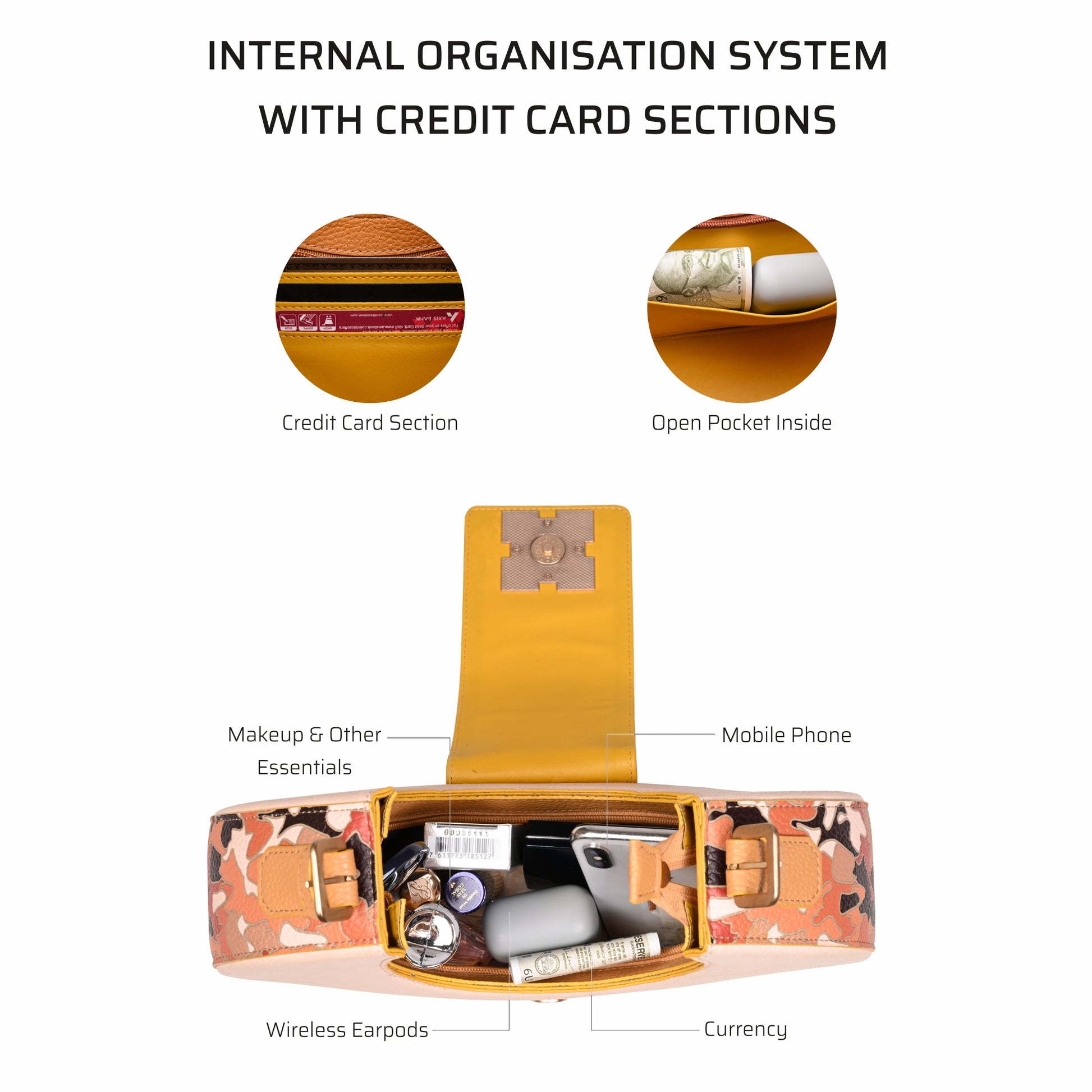 Chestnut Saddle Bag internal organization with credit card sections and storage.