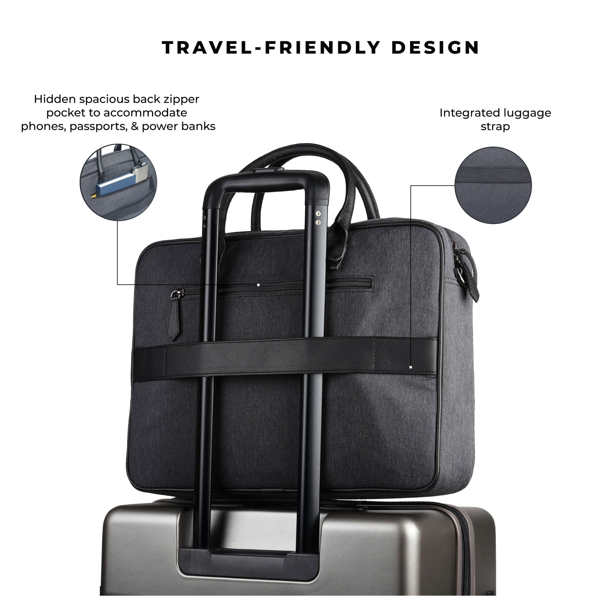 Travel-friendly Attache Messenger Bag with integrated luggage strap and back pocket.