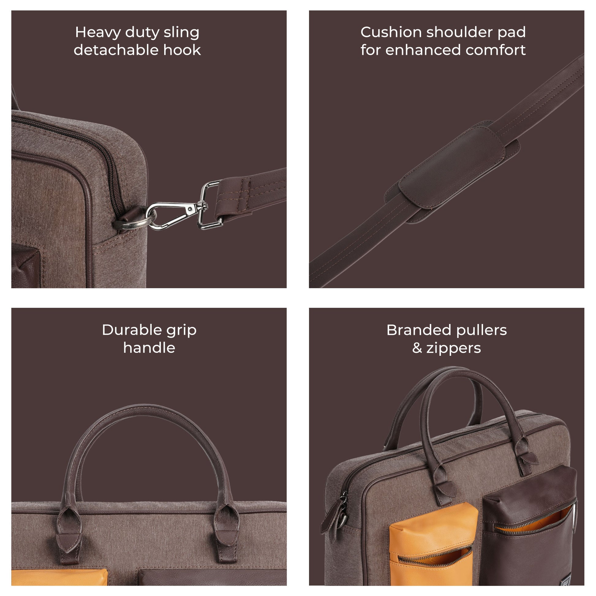 Features of Attache Messenger Bag: durable grip, comfort shoulder pad, detachable hook.