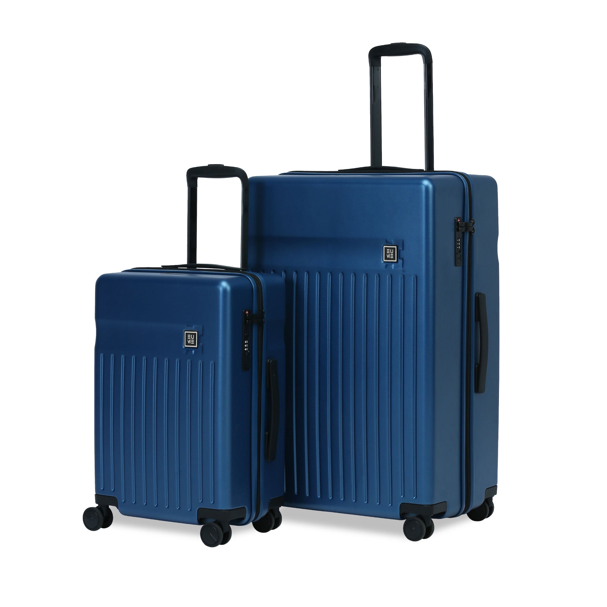 Two blue hard-shell suitcases with retractable handles and wheels.