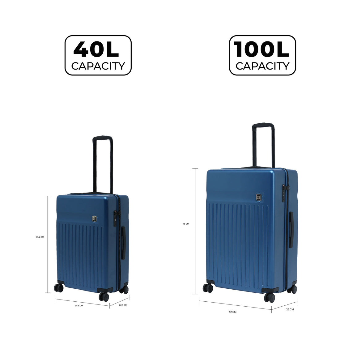 Two blue hard-shell suitcases with retractable handles and wheels.