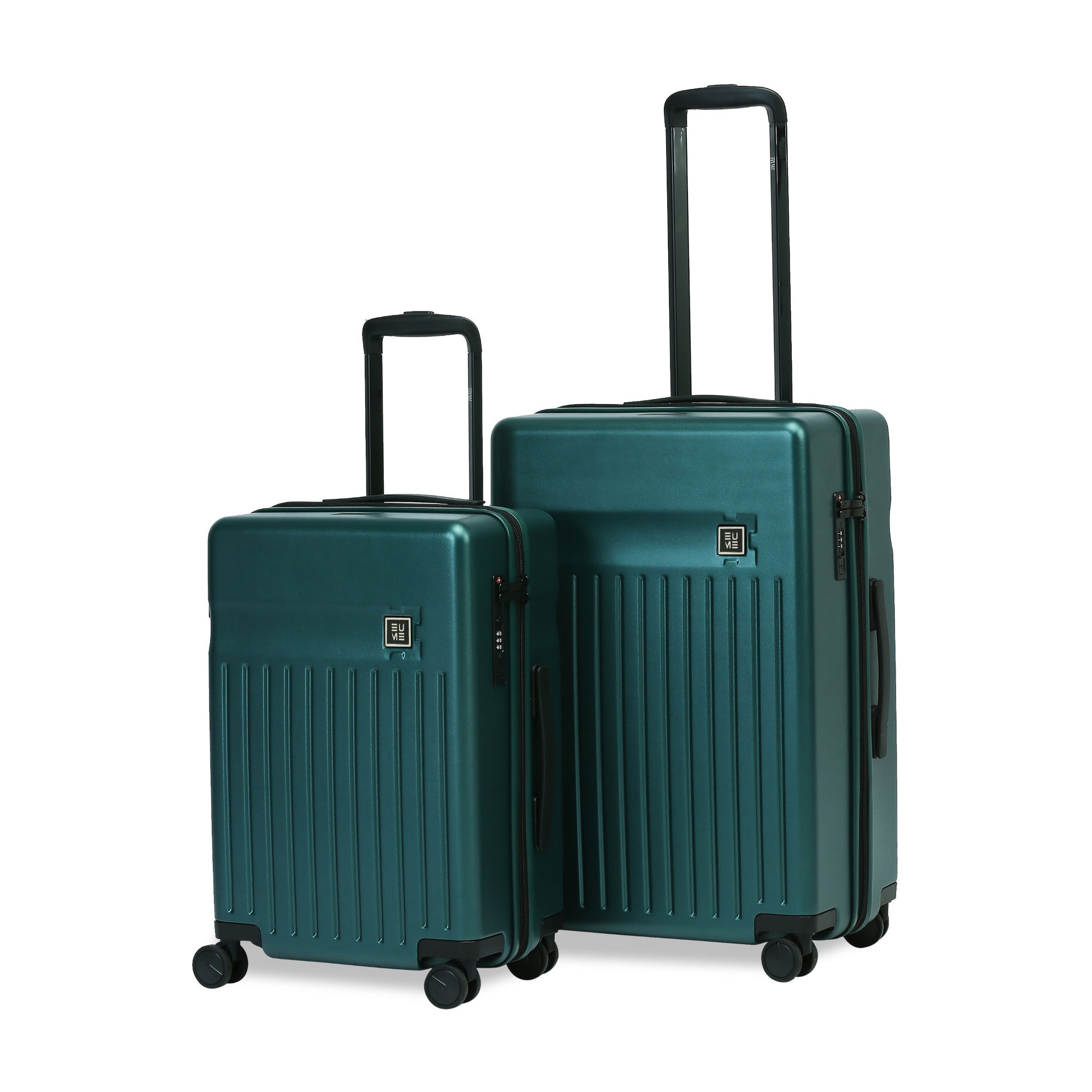 Two teal hard-shell suitcases with retractable handles on white background.