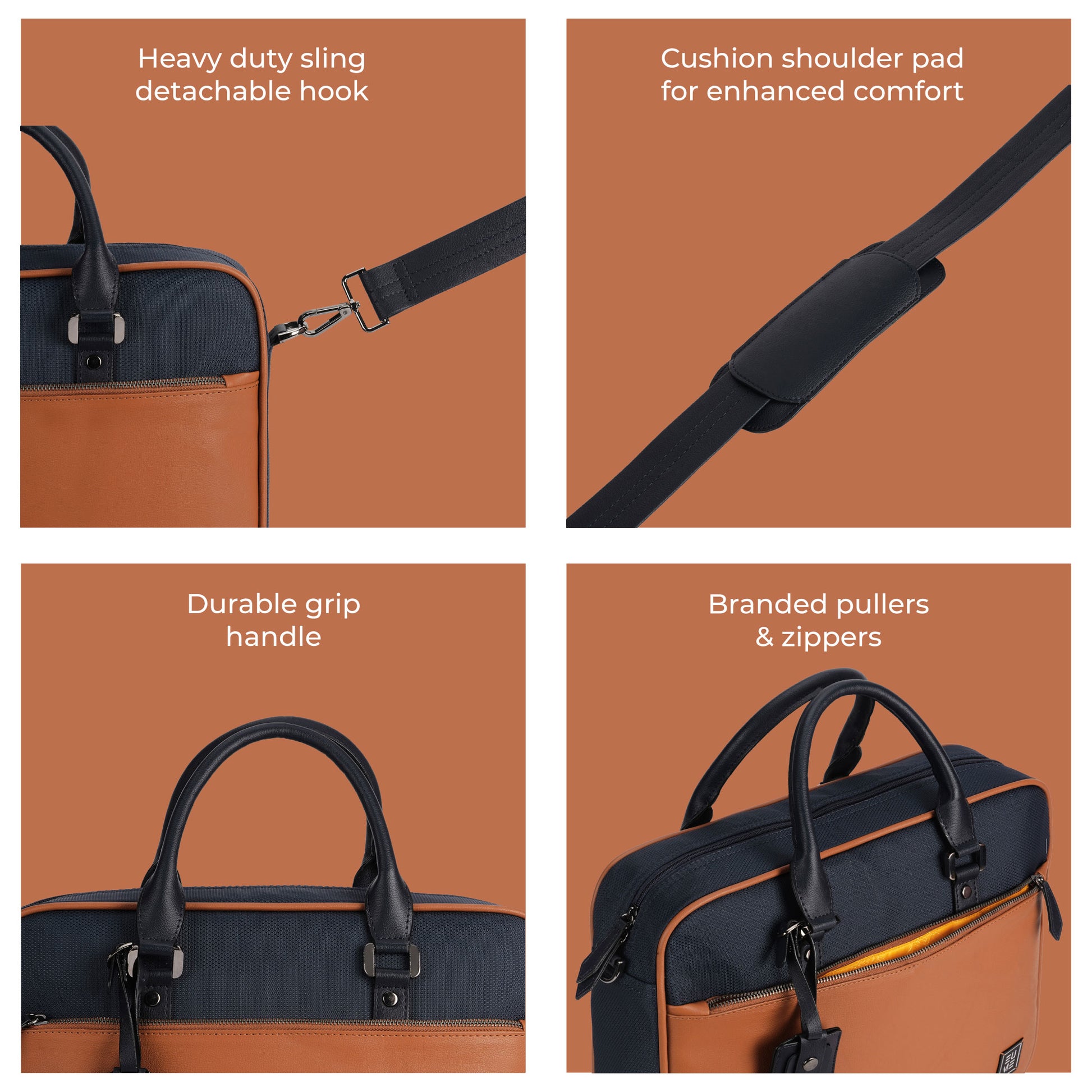 Commute Messenger Bag features durable handle, cushion shoulder pad, and detachable hook.