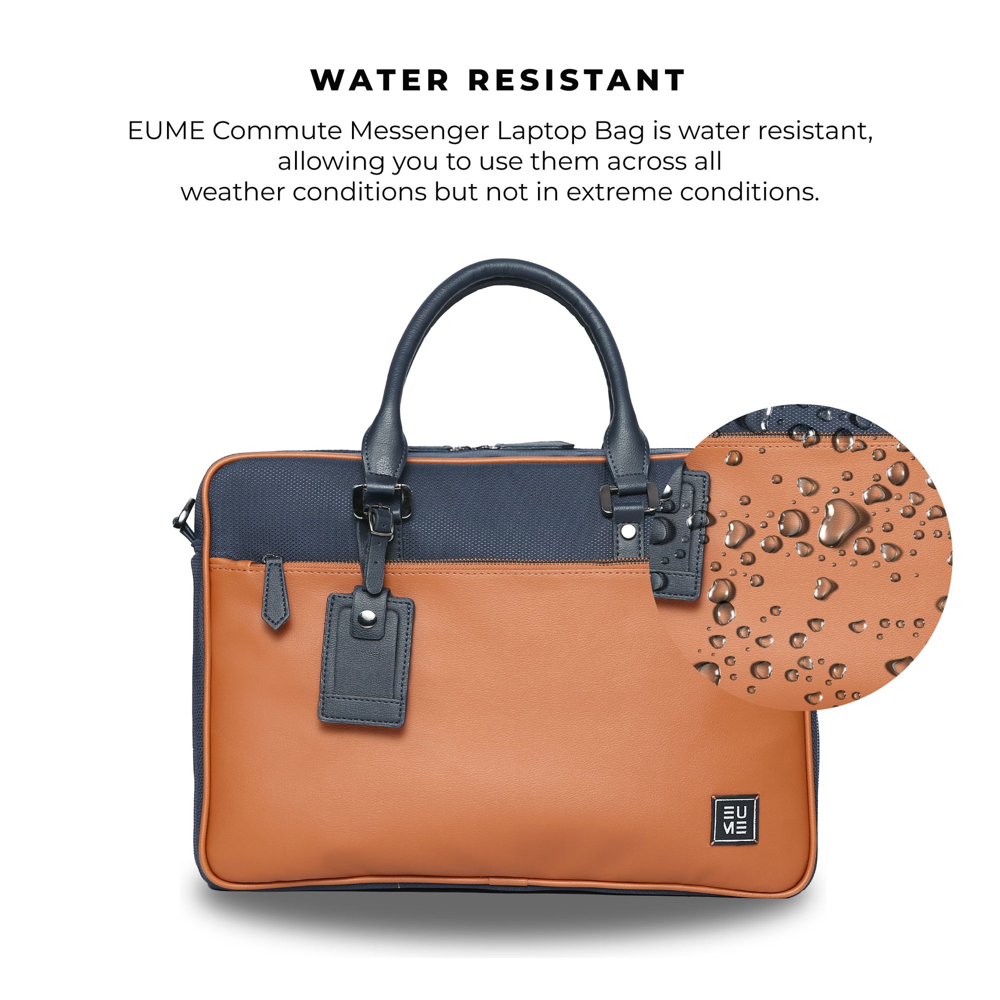 Water-resistant EUME Commute Messenger Bag with droplets on surface.