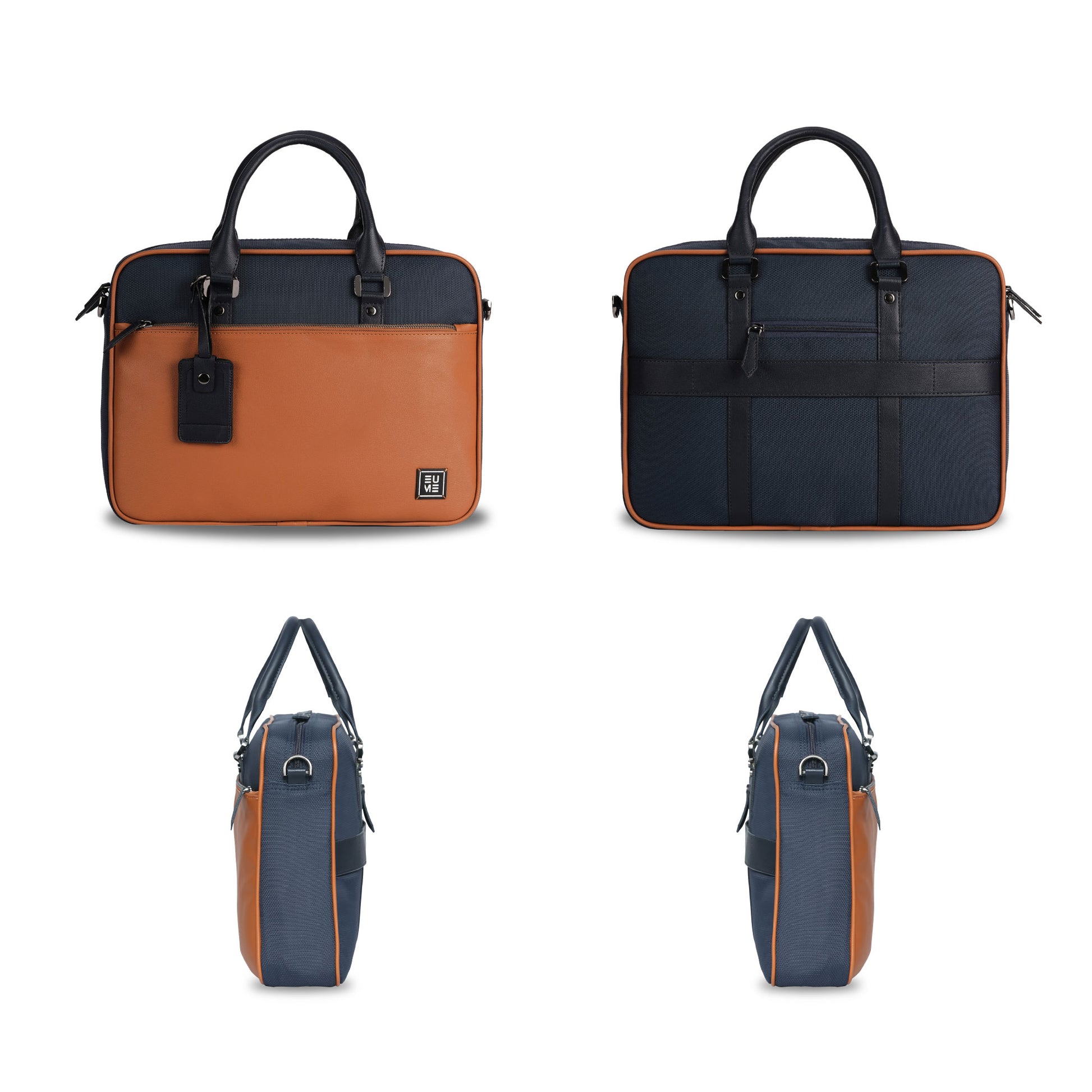 Commute Messenger Bag in brown and navy, versatile and stylish design.