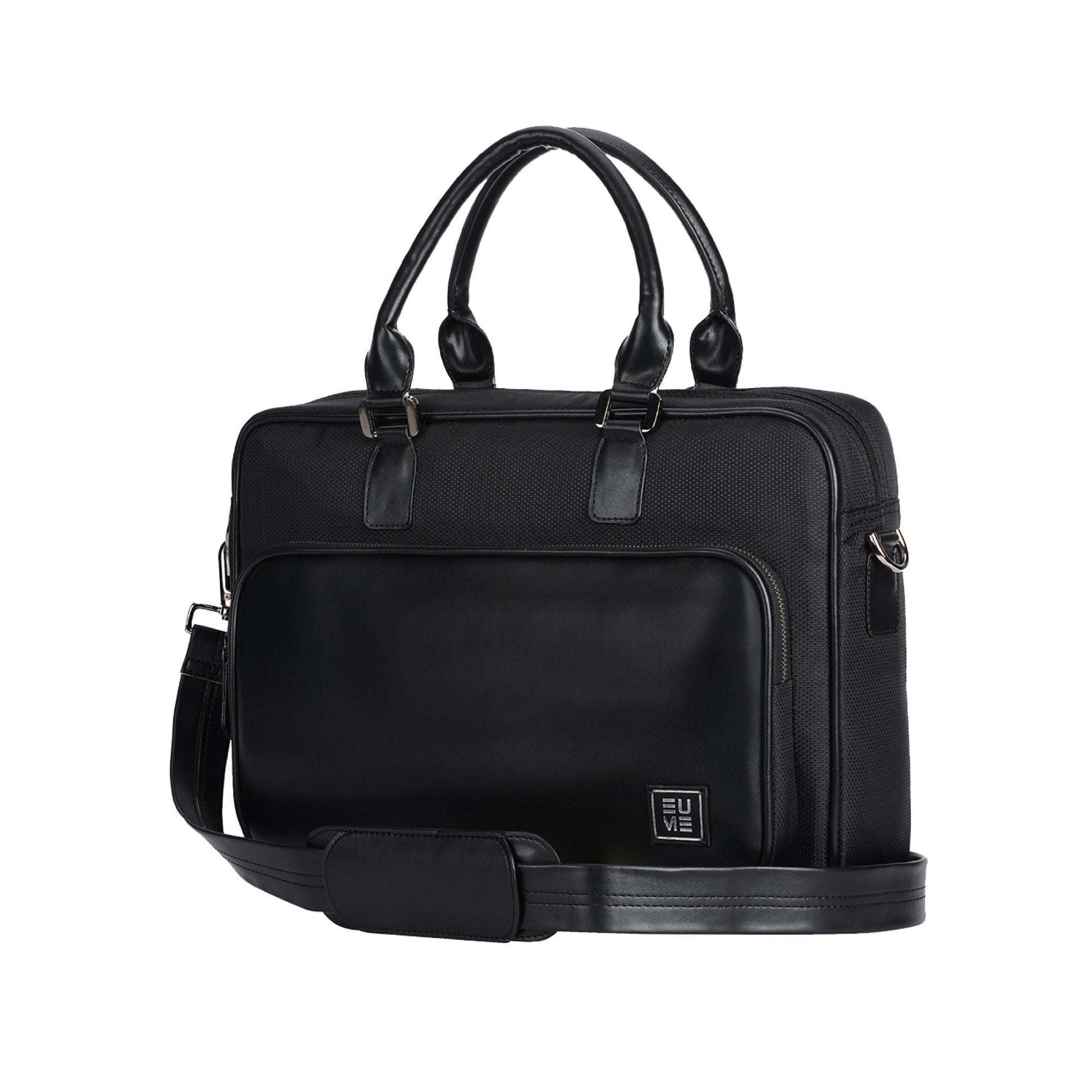 Stylish black executive messenger bag with adjustable shoulder strap.