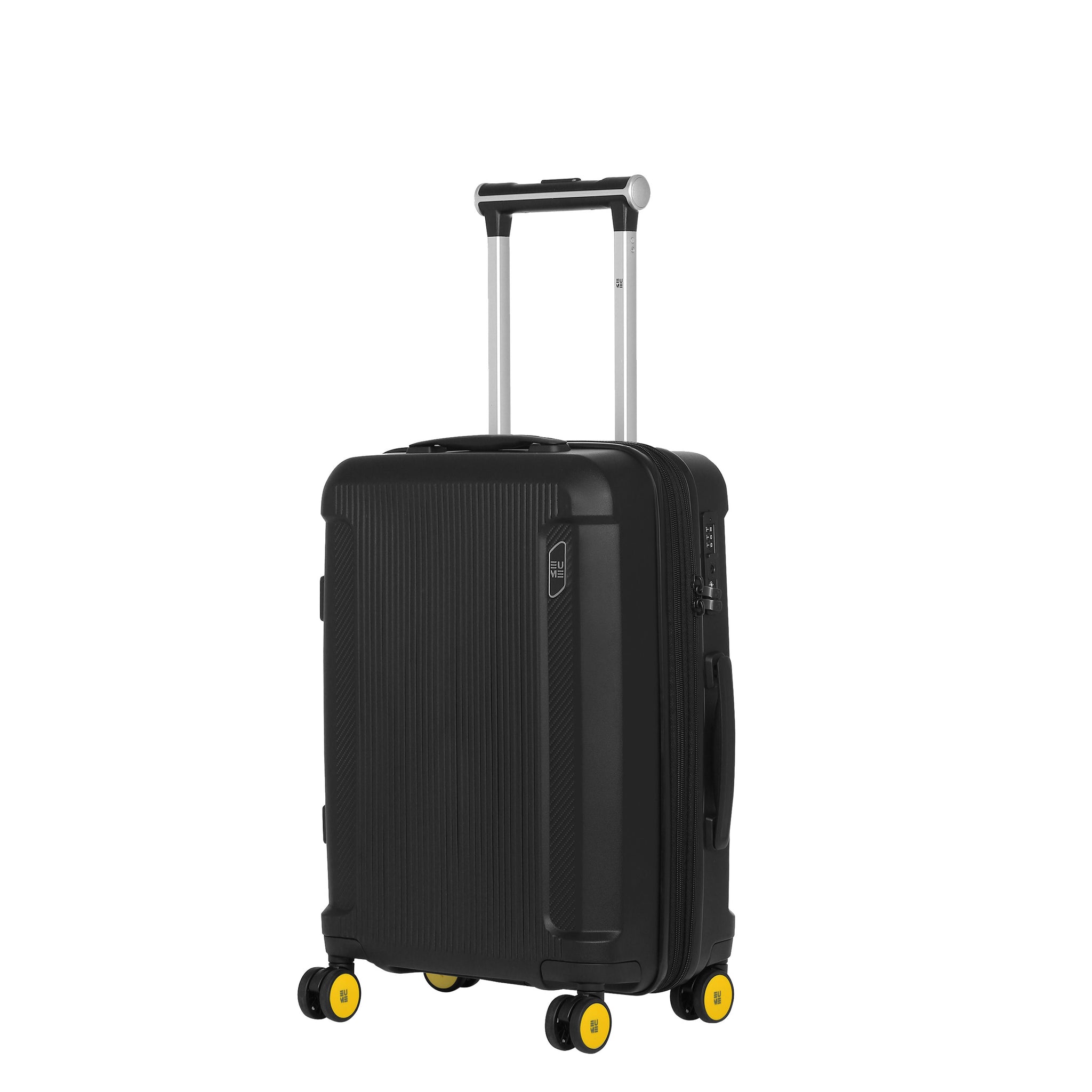 Black carry-on suitcase with yellow wheels and a telescopic handle