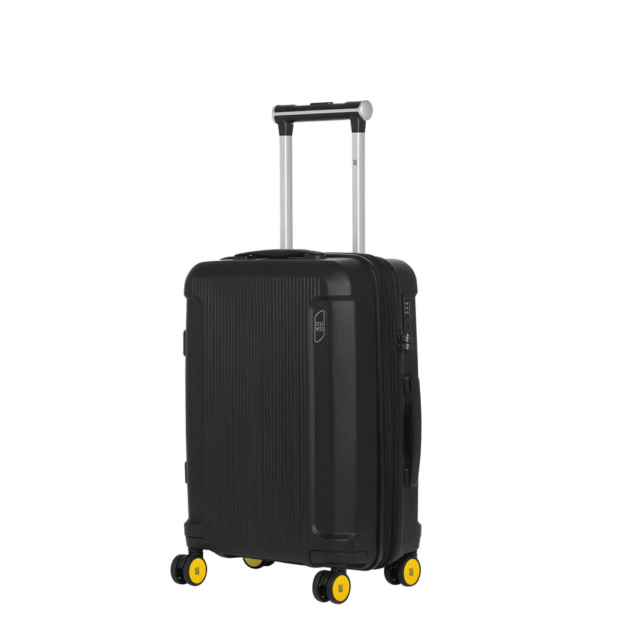 Nomad Set of 3 black suitcase with yellow wheels and retractable handle.