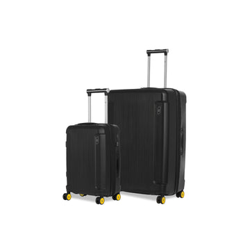 Set of black hard-shell suitcases with yellow wheels.