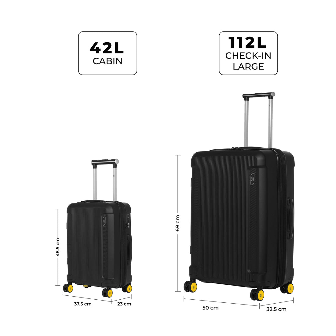 Set of black hard-shell suitcases with yellow wheels.