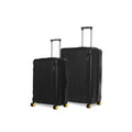 Two black hard-shell luggage suitcases with yellow wheels on white background.