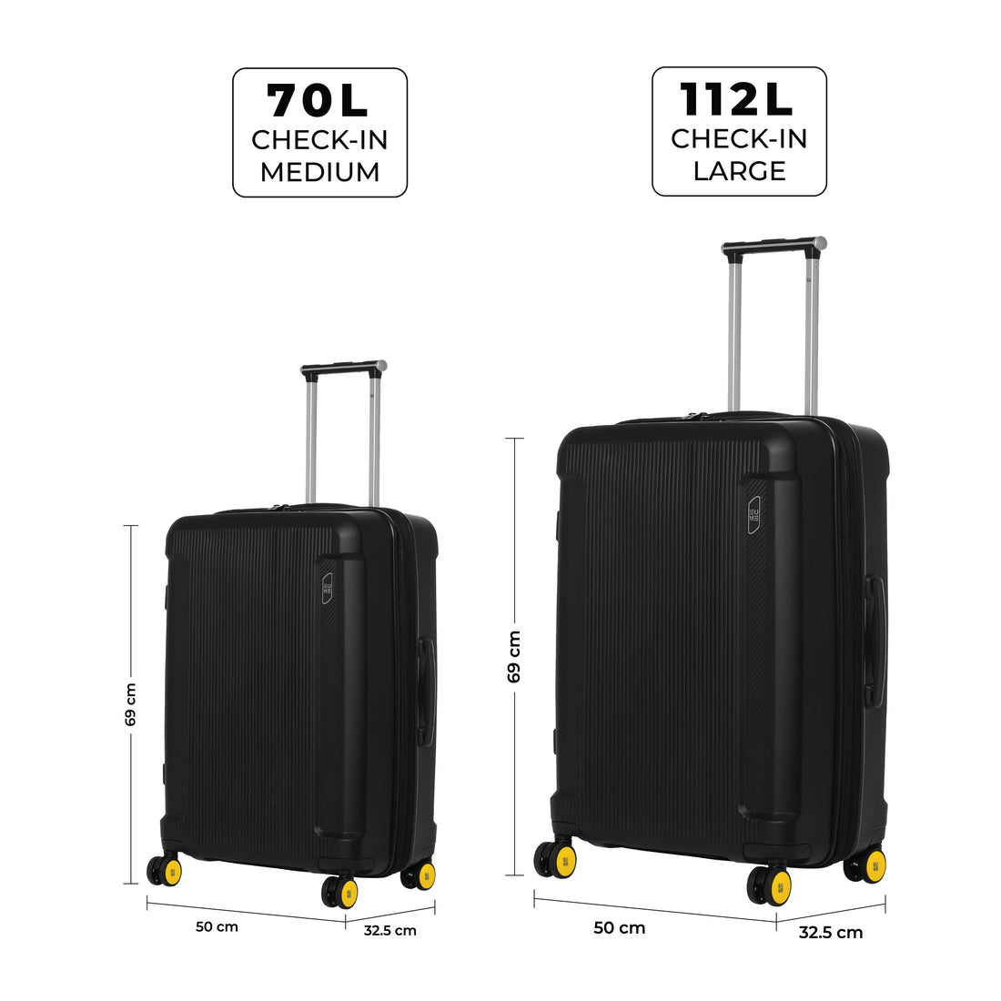 Two black hard-shell luggage suitcases with yellow wheels on white background.