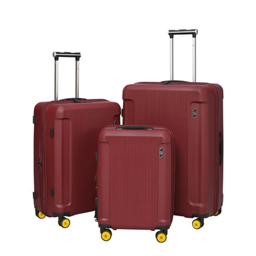 Three red hardshell suitcases with yellow wheels in different sizes.