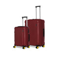 Set of two red hard-shell suitcases with yellow wheels.