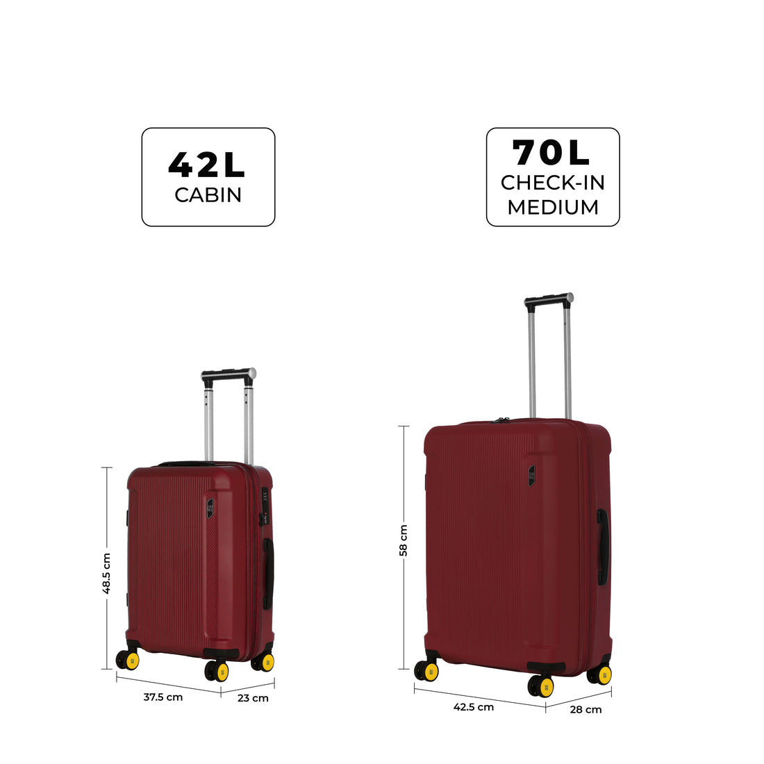 Set of two red hard-shell suitcases with yellow wheels.