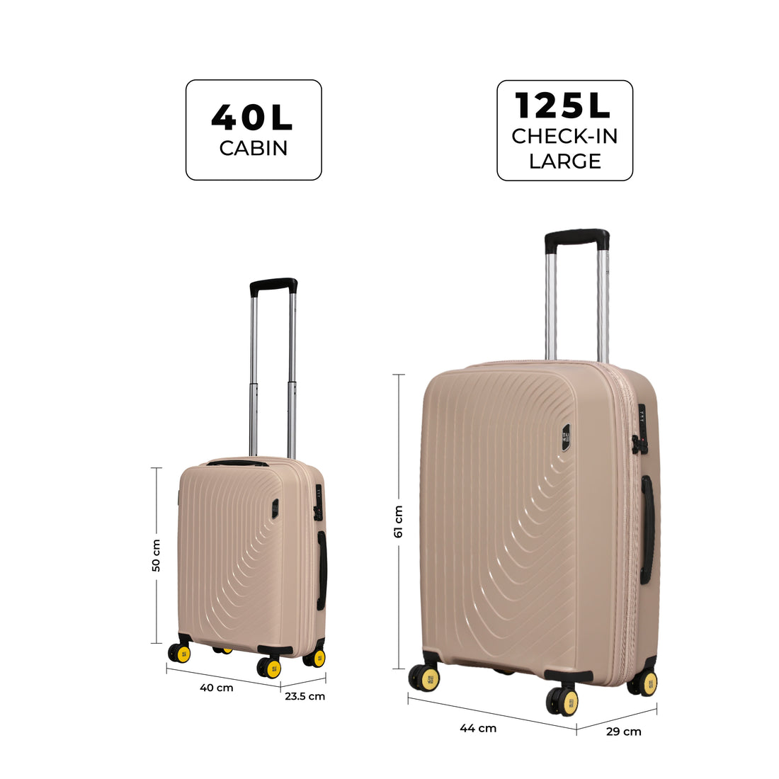 Two beige hard-shell luggage sets with telescopic handles and wheels.