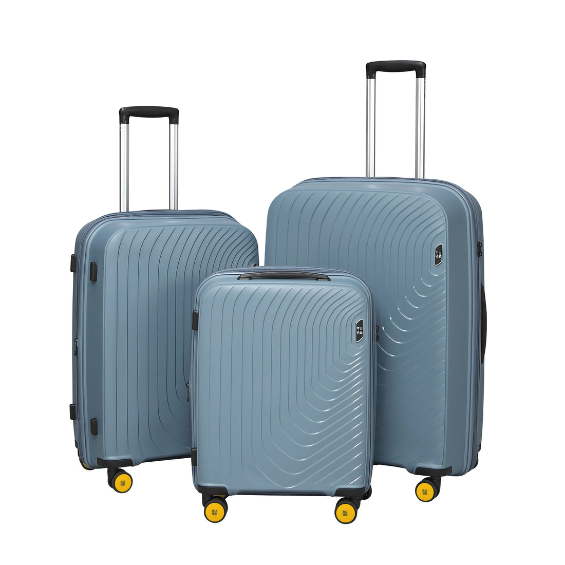 Three-piece blue suitcase set with yellow wheels.