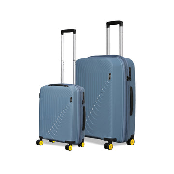 Blue hardshell luggage set with yellow wheels and telescopic handles.