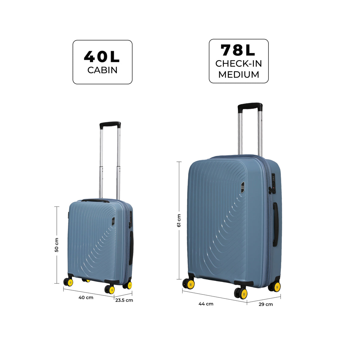 Blue hardshell luggage set with yellow wheels and telescopic handles.