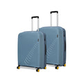 Two blue hard-shell suitcases with wheels and telescopic handles.