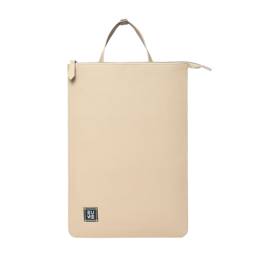 Beige leather laptop sleeve with handle and zippered closure.