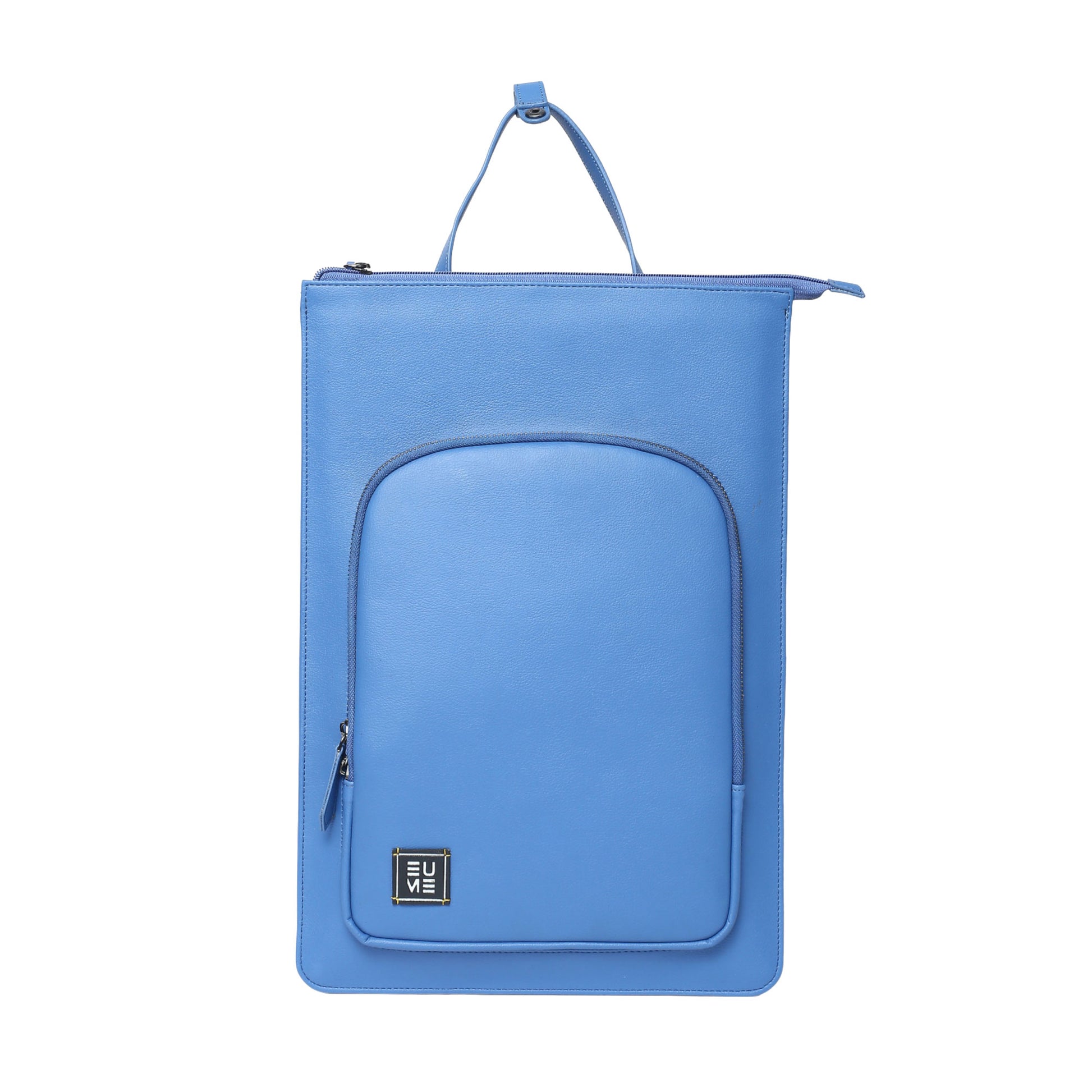 Blue EUME branded travel bag with handle and front pocket.