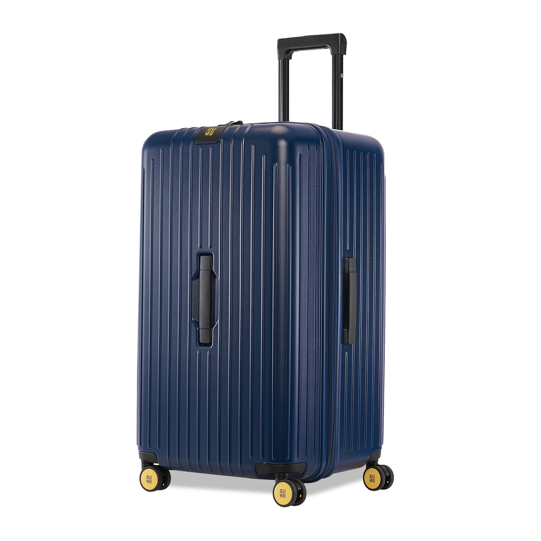 Stylish navy blue Trunk Check-In Plus suitcase with smooth wheels.