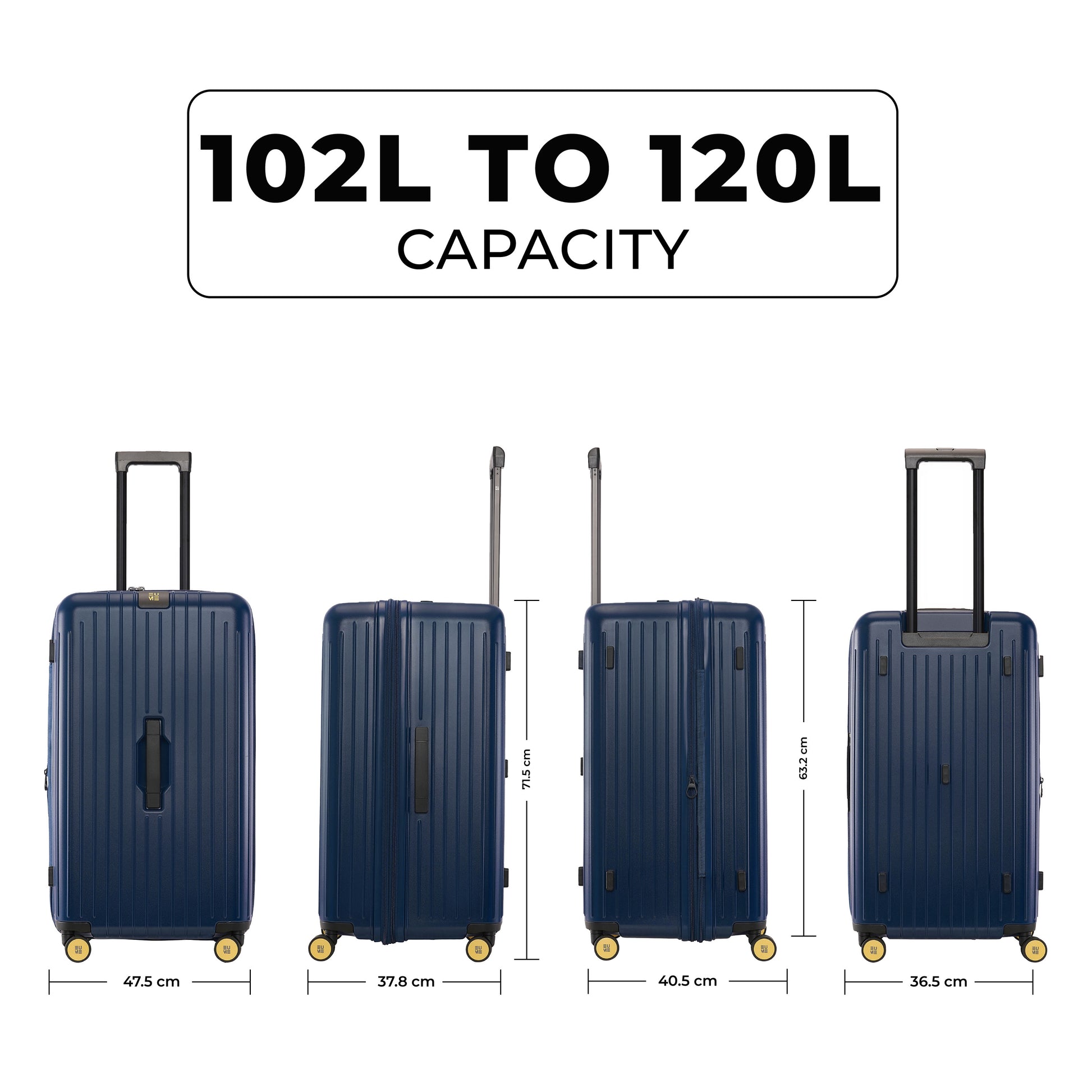 Luggage dimensions for Trunk Check-In Plus, 102L to 120L capacity.