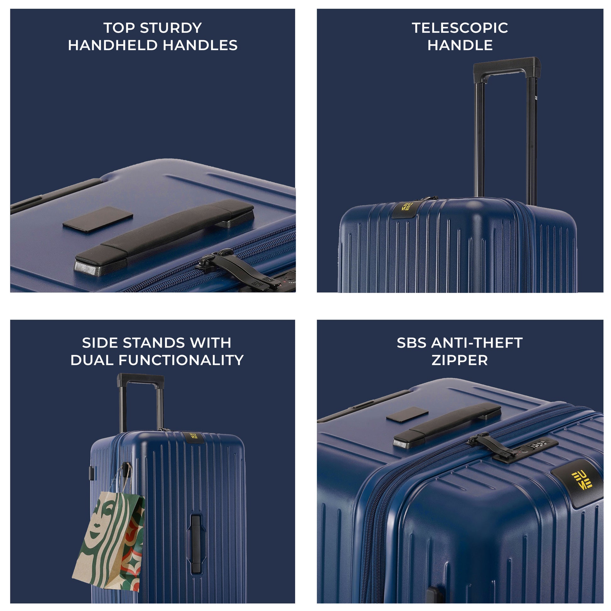 Trunk Check-In Plus features sturdy handles, telescopic handle, and anti-theft zipper.