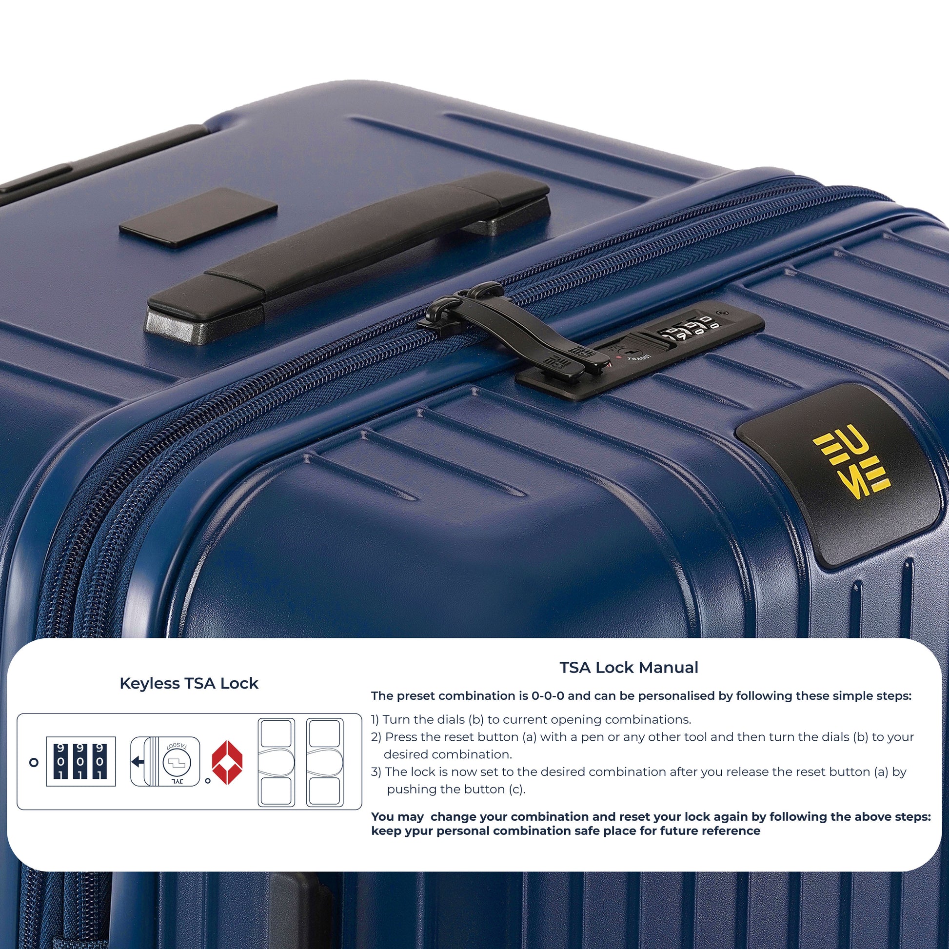 Trunk Check-In Plus luggage with keyless TSA lock instructions.