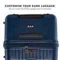 Customizable EUME luggage in navy blue with personal engraving option.