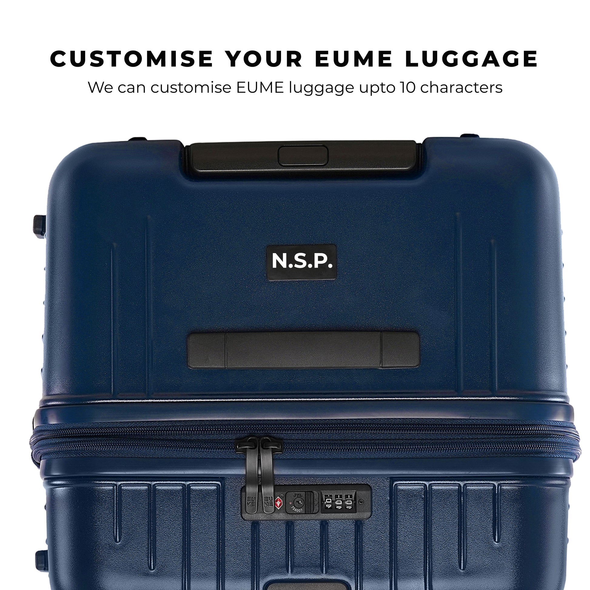 Customizable EUME luggage in navy blue with personal engraving option.