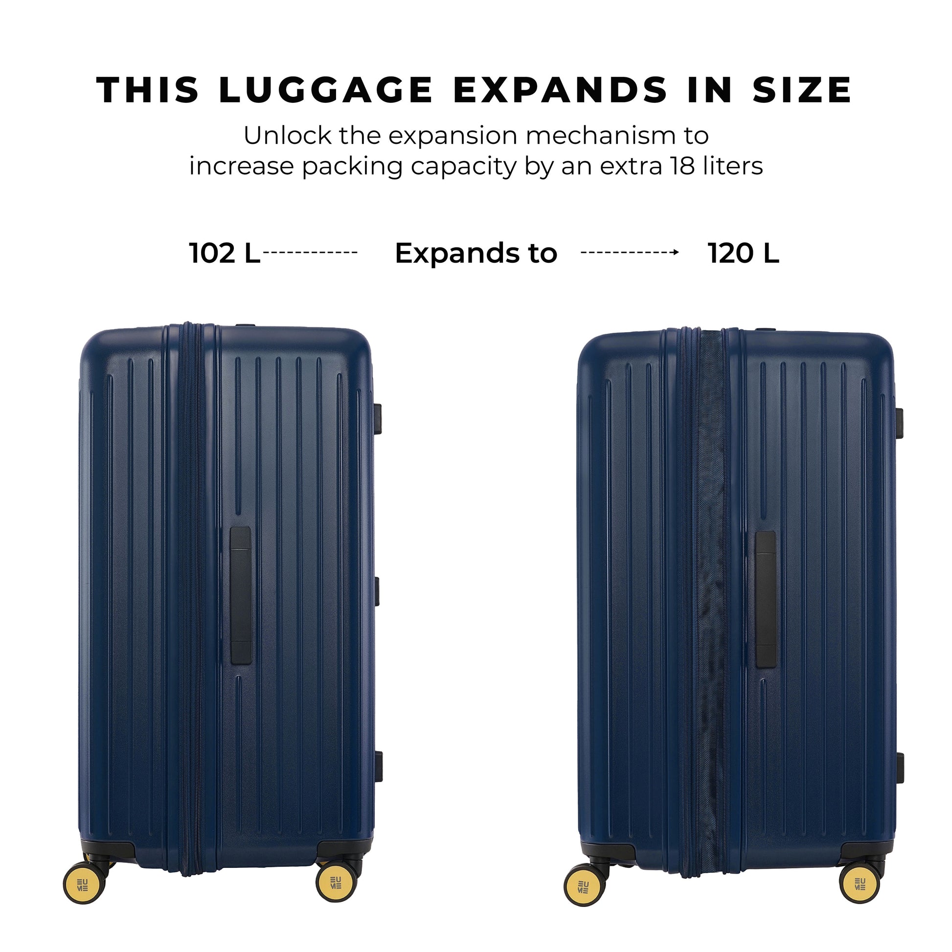 Versatile Trunk Check-In Plus luggage expands for extra packing capacity.