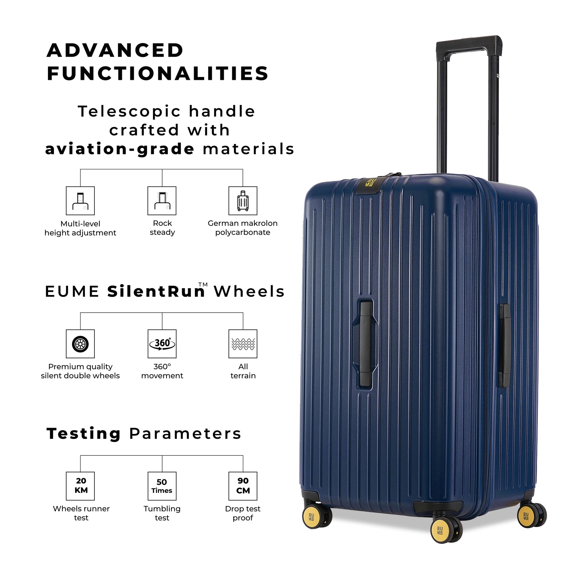 Stylish blue Trunk Check-In Plus suitcase with advanced features and wheels.