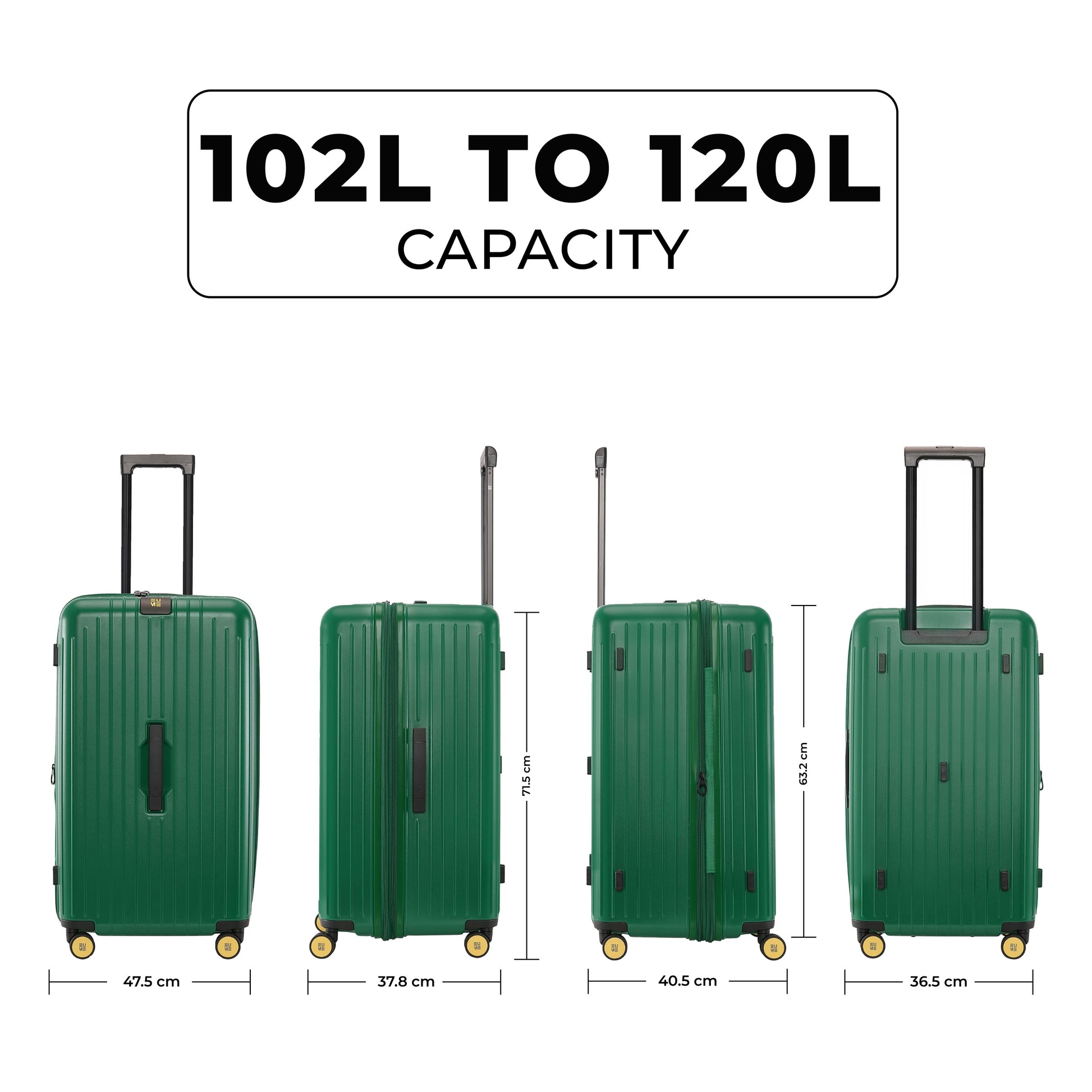 Green luggage with dimensions and 102L to 120L capacity.