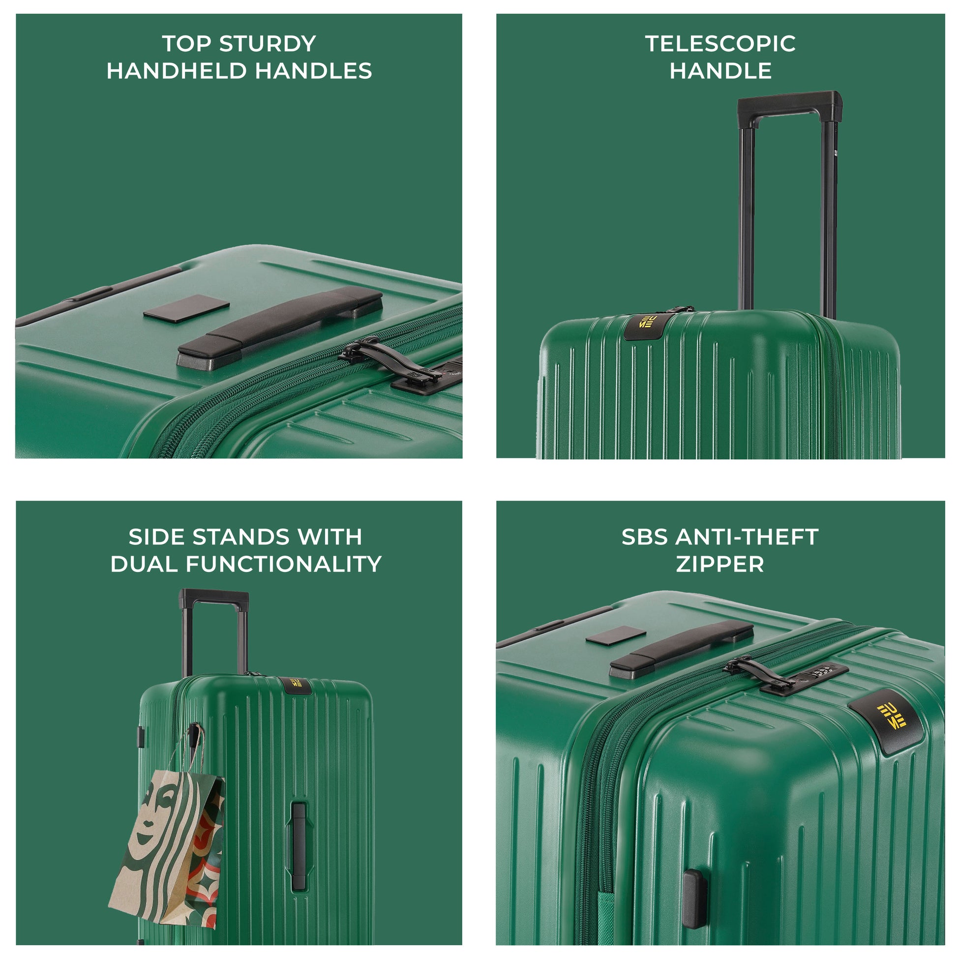 "Trunk Check-In Plus suitcase features telescopic handle and anti-theft zipper."