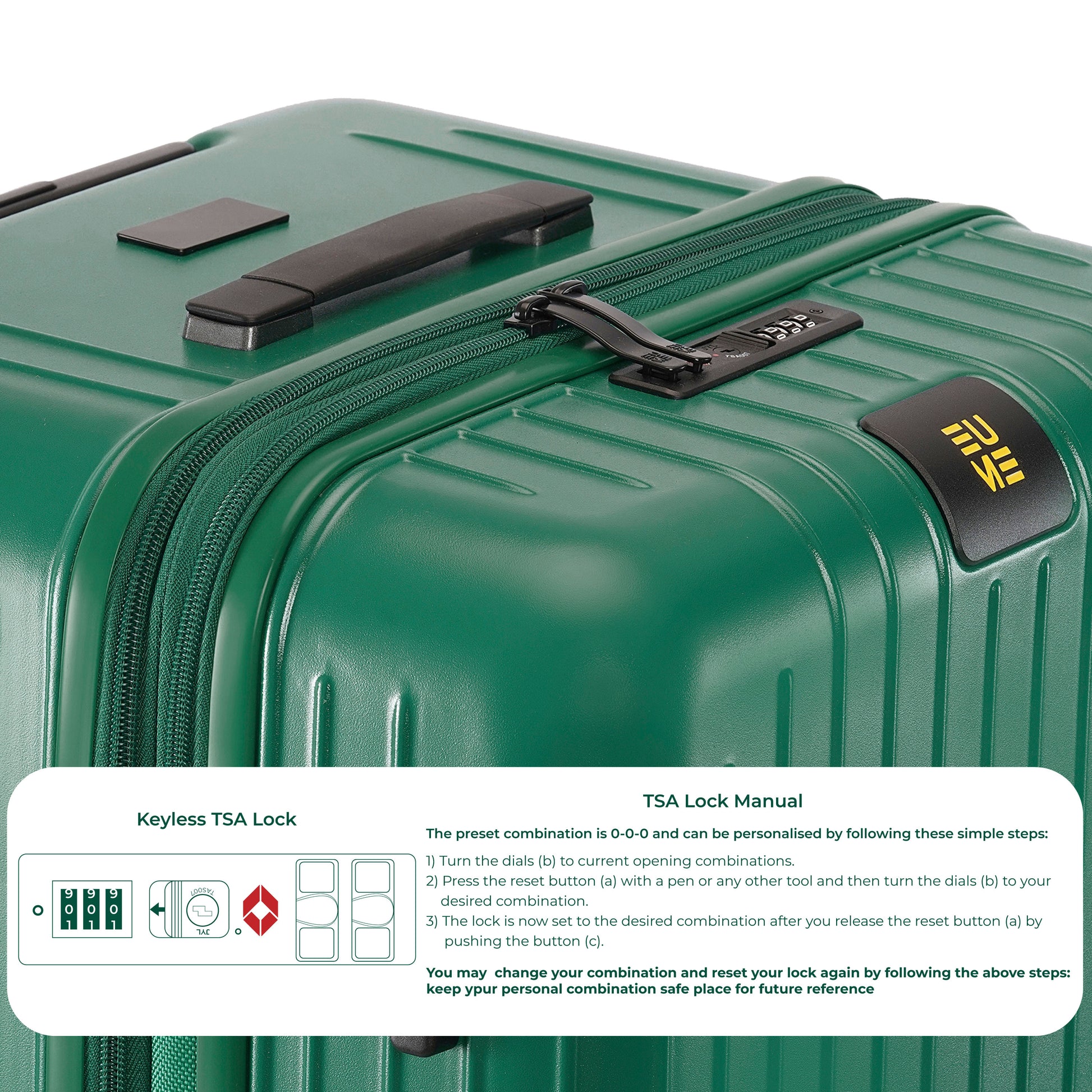 Green suitcase with keyless TSA lock manual for Trunk Check-In Plus.