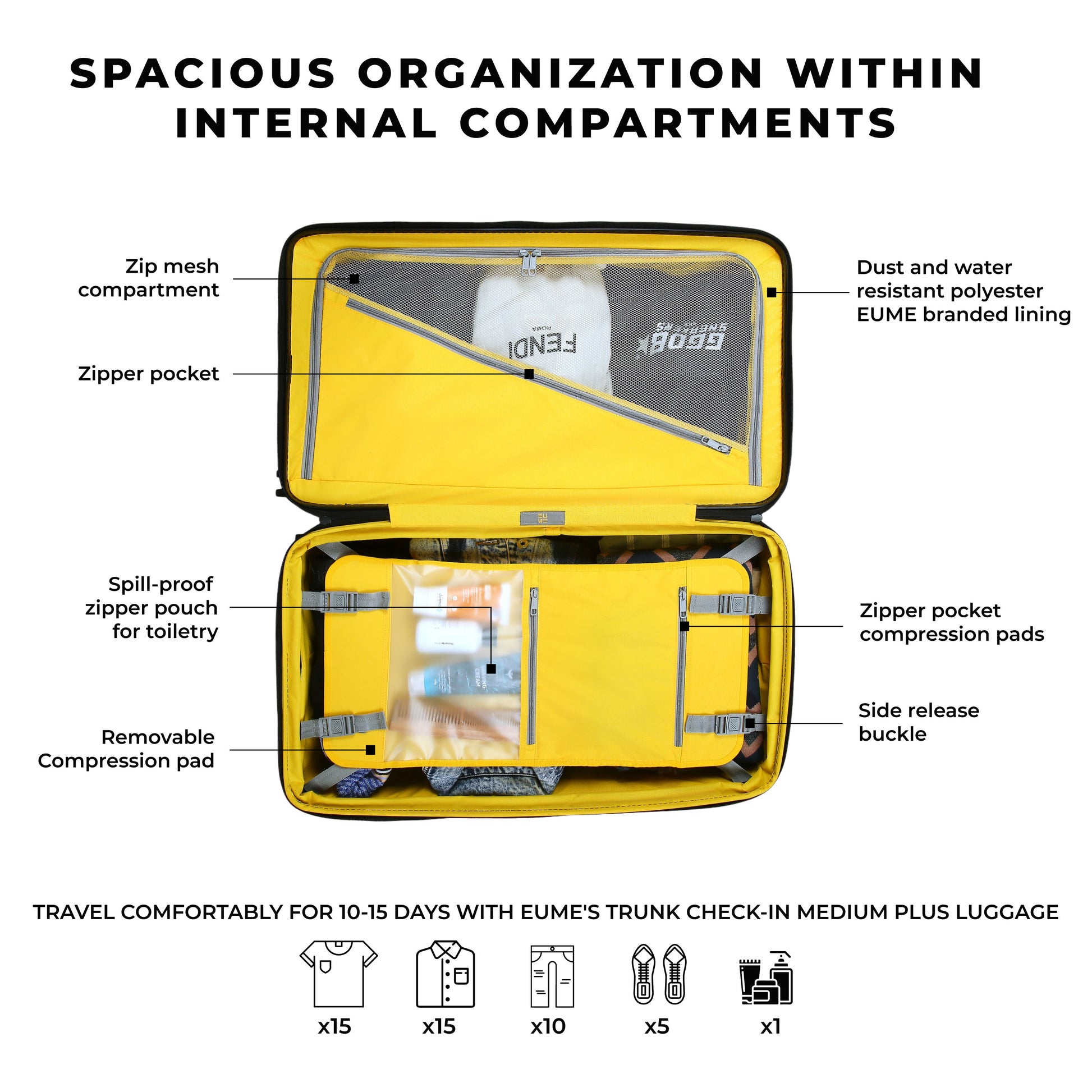 Spacious interior compartments of EUME Trunk Check-In Plus luggage.