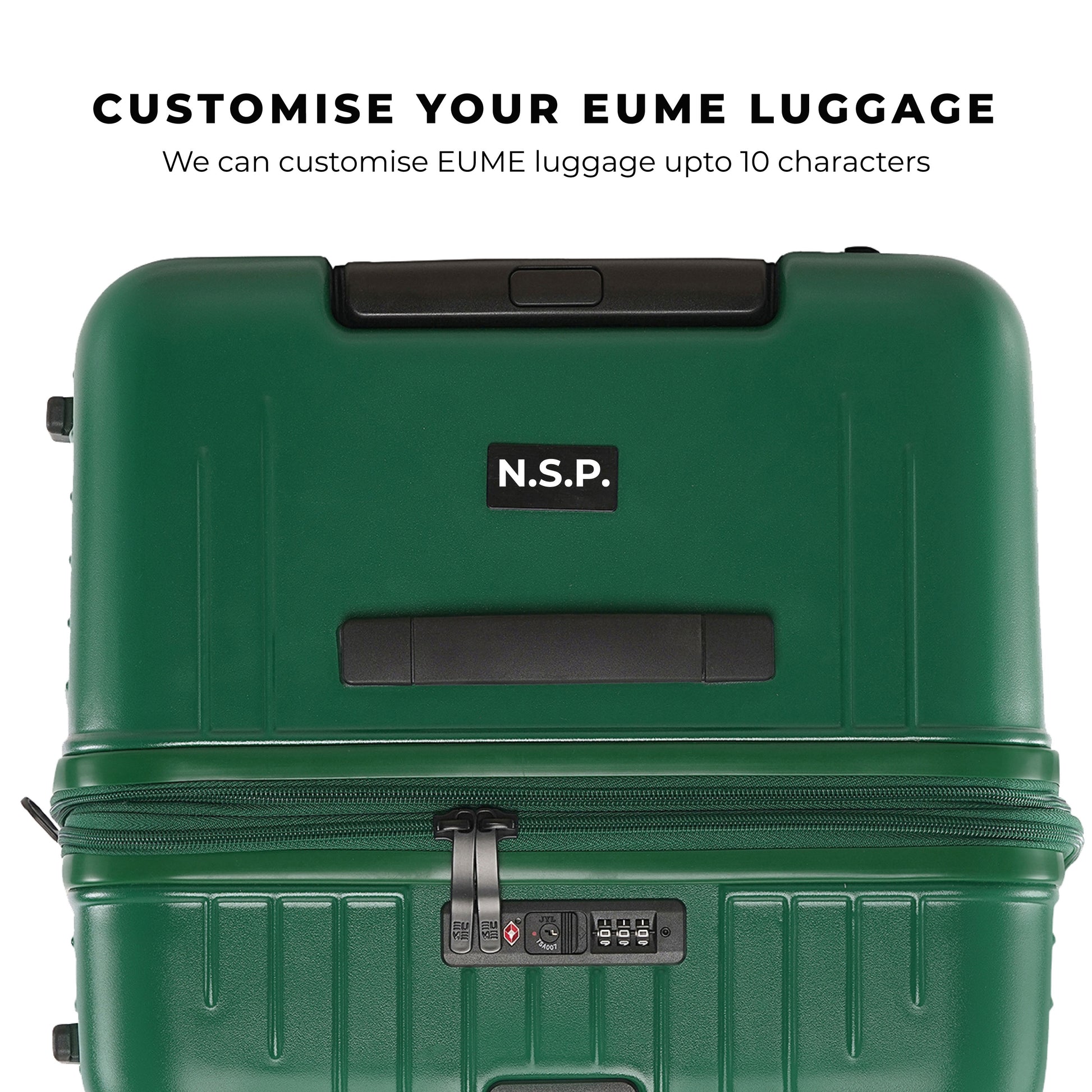 Customizable EUME green luggage with name tag and lock features.