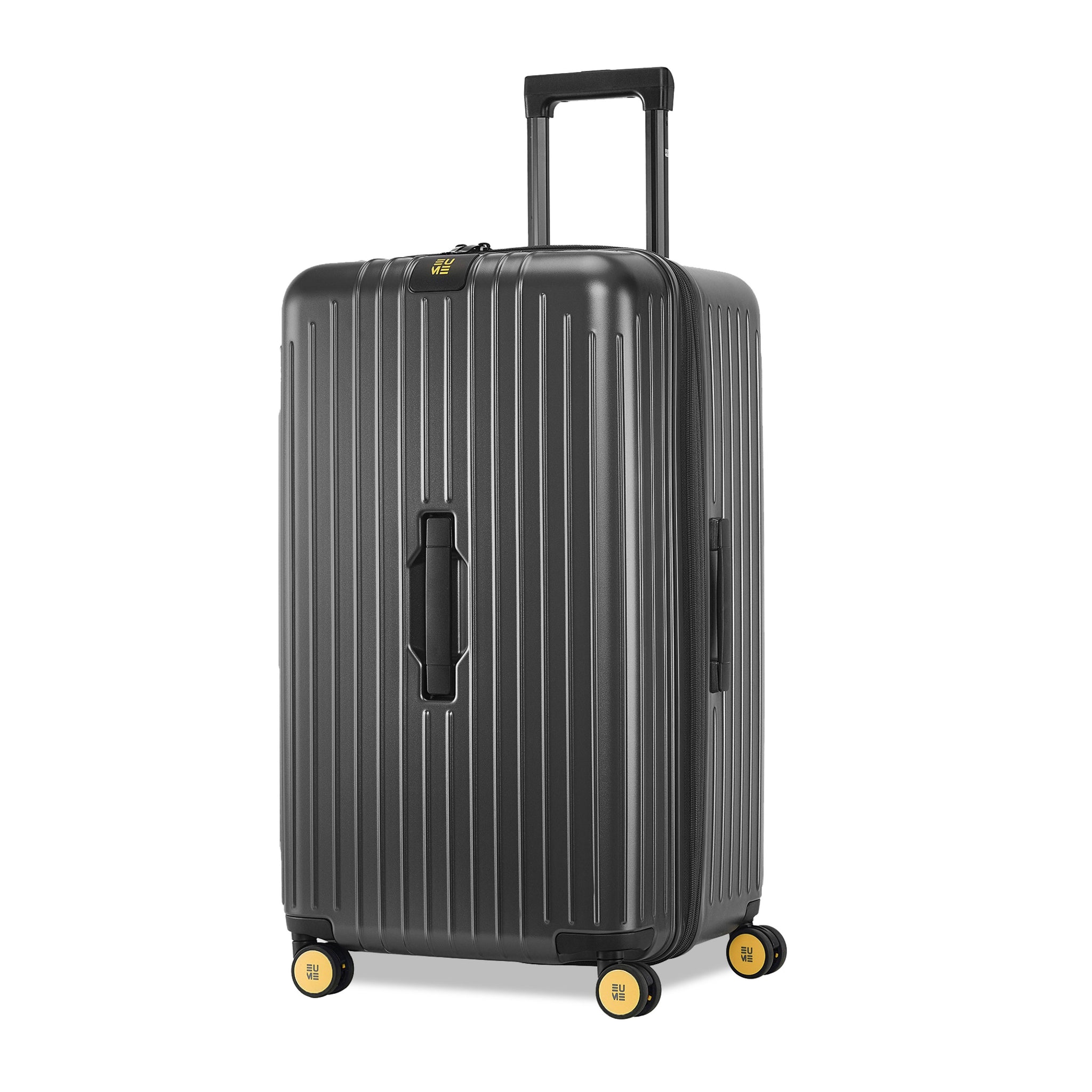 Stylish black hard-shell luggage with smooth wheels and a retractable handle.