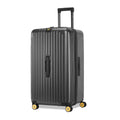 Stylish black hard-shell luggage with smooth wheels and a retractable handle.